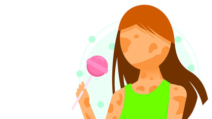 Flat Girl Woman Character With Sweet Lollipop Vitiligo Depigmentation Disease Vector Design Style Concept People Are Equal