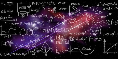 Mathematical and physical formulas against the background of a galaxy in universe. Space Background, science
