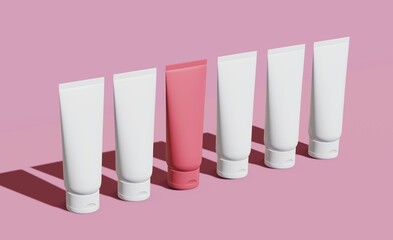 Cosmetic cream Bottle Set for liquid, cream, gel, lotion. Comparison concept. Beauty product package, blank templates of pink and white plastic containers: dispenser, cream jar, tube. 3d rendering.