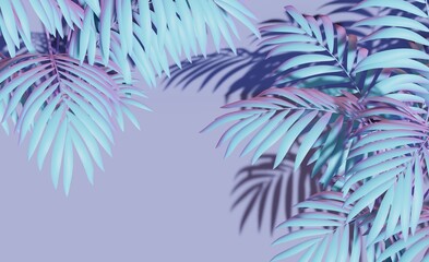 Fototapeta na wymiar Branch palm realistic. Leaves and branches of palm trees. Tropical leaf background. Nacreous foliage, tropic leaves pattern. View from above. Mockup for podium display or showcase. 3d render.