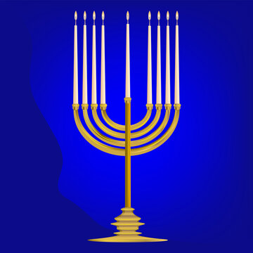 Minora - golden seven-frame lamp on a blue background - vector. Traditional religious national holiday. Hanukkah.