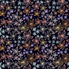 Abstract flowers vector seamless pattern with drawing yellow, gold, silver, purple. Floral watercolor background and line art hand drawn illustration. Exotic flowering autumn texture