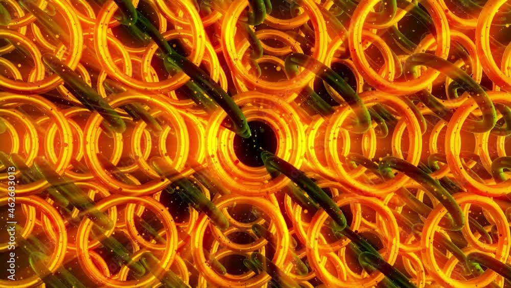 Poster golden glowing animation of bonded circles, seamless loop. design. retro pattern with shining rings 