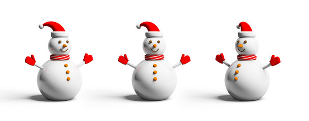 Snowman in three positions isolated from the white background
