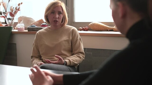 Patient's conversation. Specialist will hear, ridding person emotional problems. Patient therapy woman talking with therapist, voicing psychological triggers. 