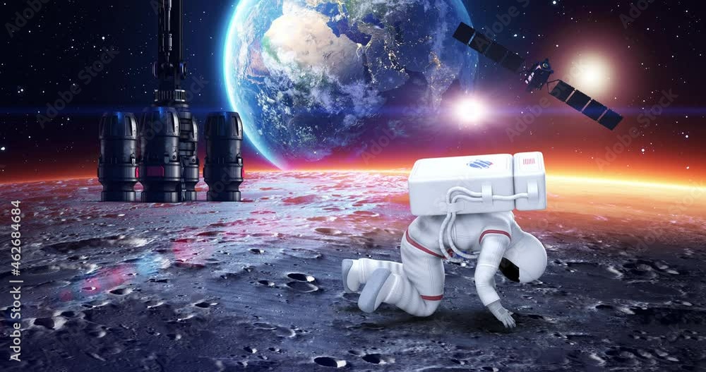 Wall mural astronaut tripping and falling down on planet surface. planet earth on background. space and technol