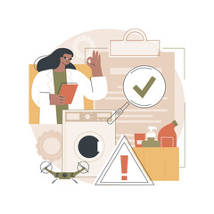 Product safety control abstract concept vector illustration. Manufacturing equipment, product testing and inspection job, protection sign, information label, laboratory check abstract metaphor.