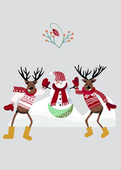 Two deer with a snowman and winter flowers