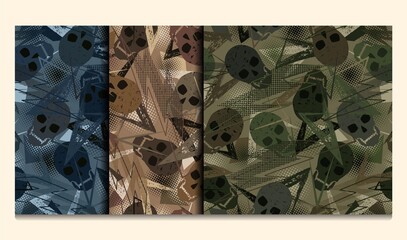 Set of seamless patterns with skulls, grunge paint brush stroke, lightning, dotted halftone shapes. Camouflage colors for apparel, fabric, textile, sport goods. Modern grunge texture.