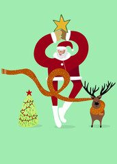 Christmas card Santa holds a star above him, next to a deer in a scarf, herringbone