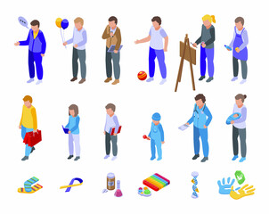 Fototapeta na wymiar Syndrome down icons set isometric vector. Childcare disability. Disabled education
