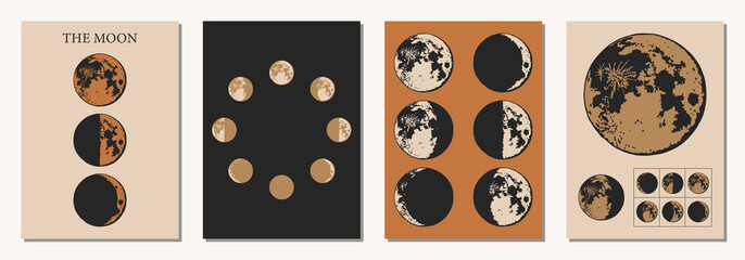 The Moon, Moon Phases in modern colors, contemporary aesthetic poster, background or card template in popular art style © CreativeUniverse