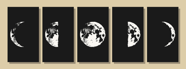 The Moon, Moon Phases in modern colors, contemporary aesthetic poster, background or card template in popular art style