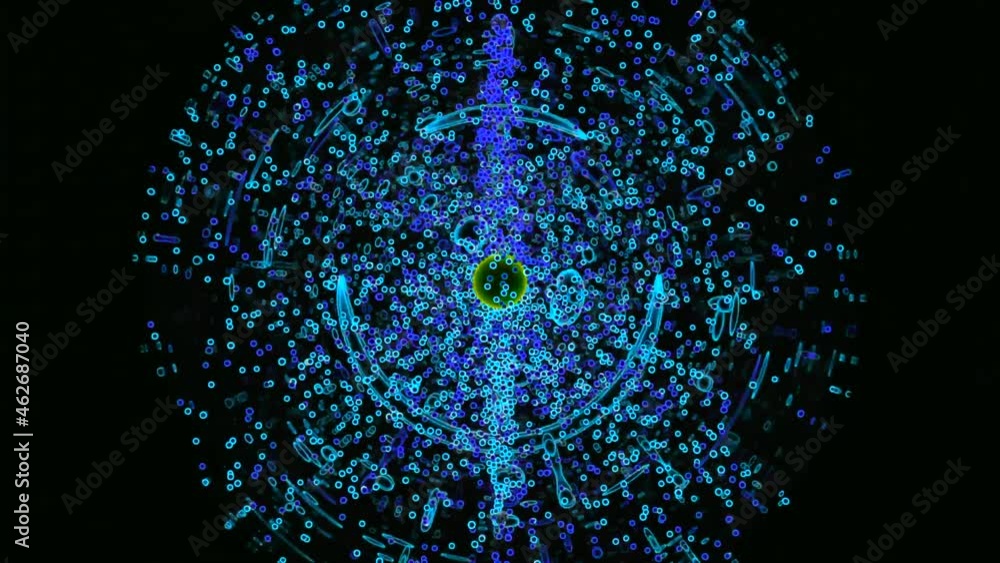 Poster colored circle with sphere of many moving particles. design. animation of chaotically fast moving pa