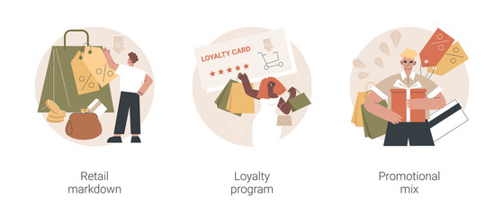 Customer attraction abstract concept vector illustration set. Retail markdown, loyalty program, promotional mix, selling strategy, coupon special discount, in-store sale, low price abstract metaphor.