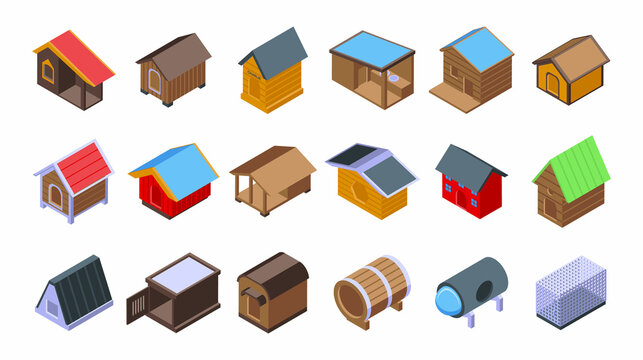 Dog kennel icons set isometric vector. Pet food. Anima accessory