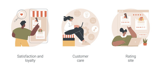 Client feedback tracking abstract concept vector illustration set. Satisfaction and loyalty, customer care, rating site, online tech support, product review page, marketing tool abstract metaphor.