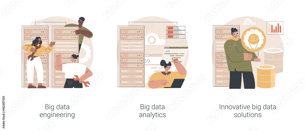 Poster database technology abstract concept vector illustration set. big data engineering, automated analyt