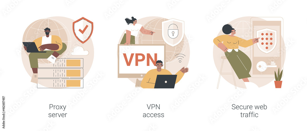 Poster internet security settings abstract concept vector illustration set. proxy server, vpn access, secur