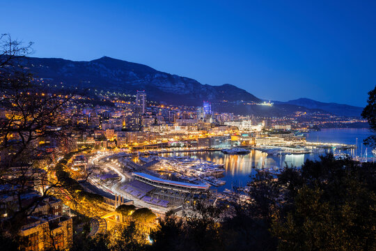 Principality of Monaco, Monaco, Monte Carlo and Port Hercule in the evening light