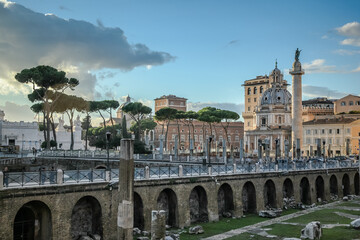 Fototapeta na wymiar Imperial forums in Rome. The ancient ruins of Trajan's forum. Rome, Italy