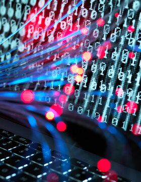 Cyber Attack, Fibre optics containing a virus infecting a computer