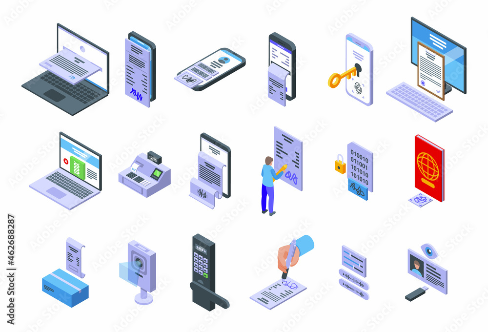 Poster handwriting identification icons set isometric vector. access approve. biometric authentication