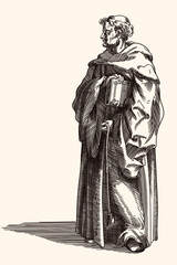 Naklejka premium An old monk in a dark cassock with a book bible in hand. Medieval engraving.