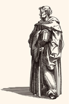 An old monk in a dark cassock with a book bible in hand. Medieval engraving.
