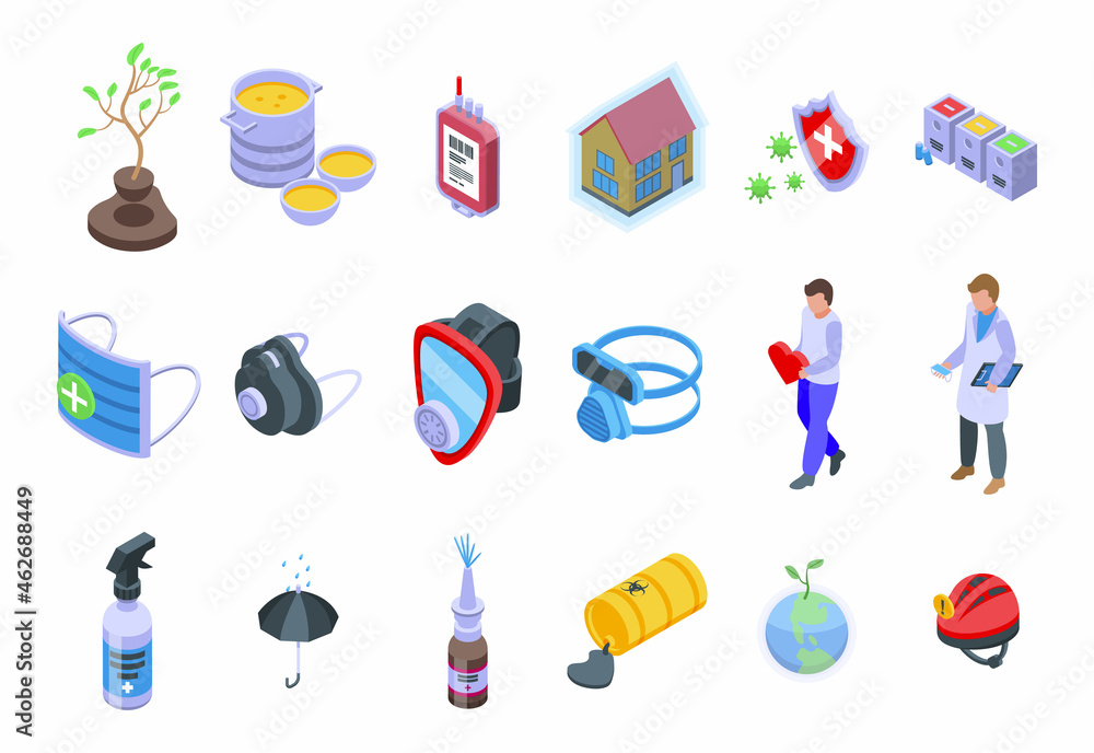 Poster active protection icons set isometric vector. fire coding. firewall guard
