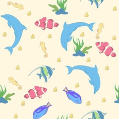 pattern with marine life on a light background (dolphin,  sea horse,  clown fish)