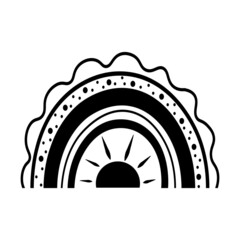 Black and white boho rainbow in hand drawn style. Rainbow with the sun