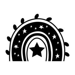Black white boho rainbow in hand drawn style, with stars and leaves