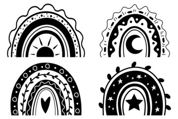 Set black and white boho rainbow in hand drawn style.