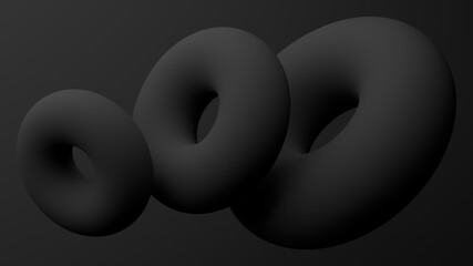 Black circle shapes, black background. Abstract monochrome illustration, 3d render.