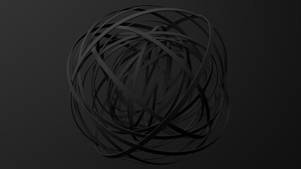 Black circle shapes, black background. Abstract monochrome illustration, 3d render.