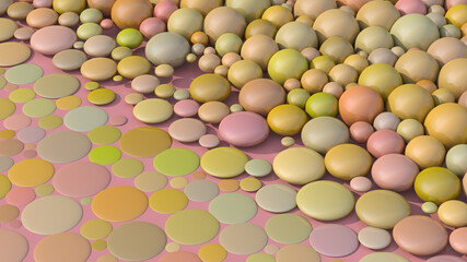 Yellow, pink, orange balls morphing. Abstract illustration, 3d render.