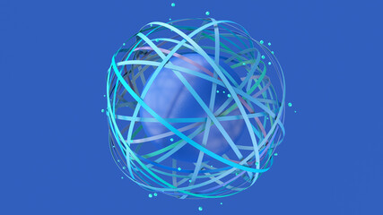 Group of blue circle shapes and blue textured sphere. Blue background. Abstract illustration, 3d render.