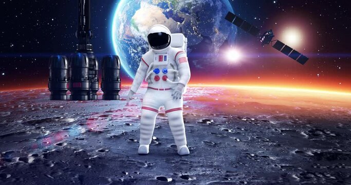 Astronaut Feeling Dizzy On A Planet Far From Earth. Planet Earth On Background. Space And Technology Related 3D Animation.