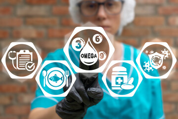 Medical and pharmacy concept of omega dietary supplements. OMEGA-3, OMEGA-6, OMEGA-9 biologically active additives. - obrazy, fototapety, plakaty