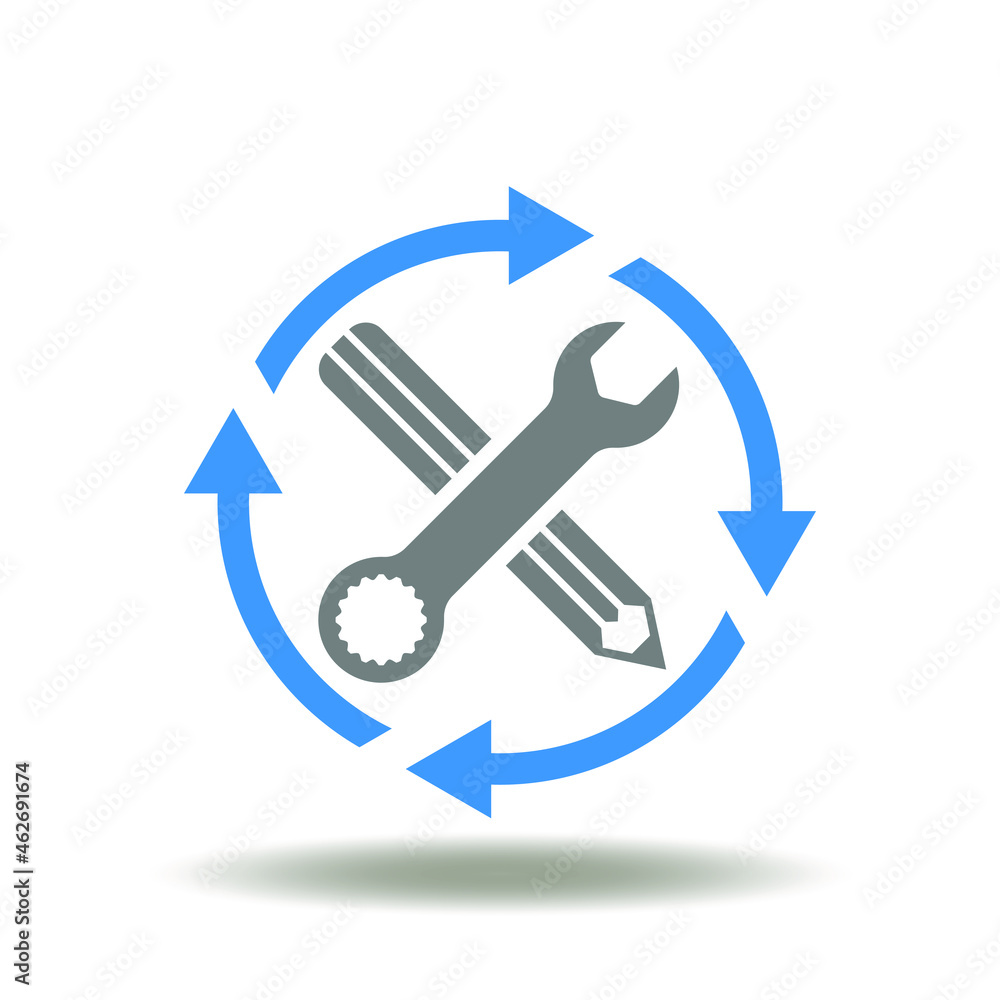 Poster vector illustration of round arrows with wrench and pencil. symbol of research and development. icon