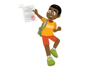 jumping African boy feel happy because get good grade from exam