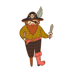 Happy pirate with a dagger in hand and in a hat with a feather. Adult man with a beard is standing and smiling. Colorful vector isolated illustration hand drawn outline