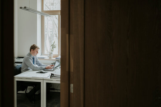 Young businessman using laptop at desk in office