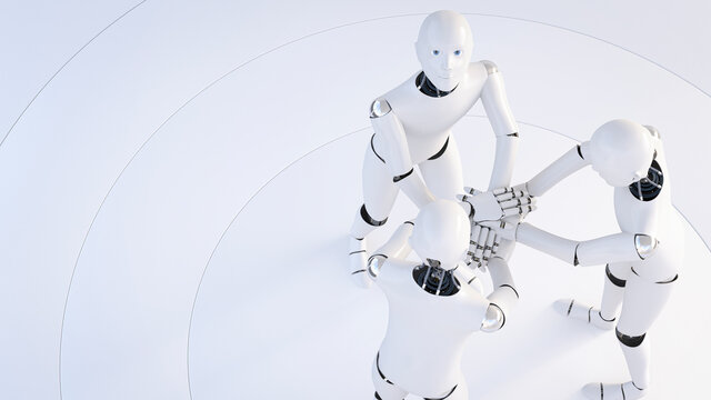 Rendering of three robots stacking hands