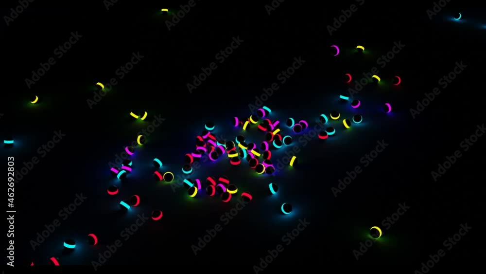 Poster many small dark balls with colorful neon stripe falling down and rolling into all the sides. design.