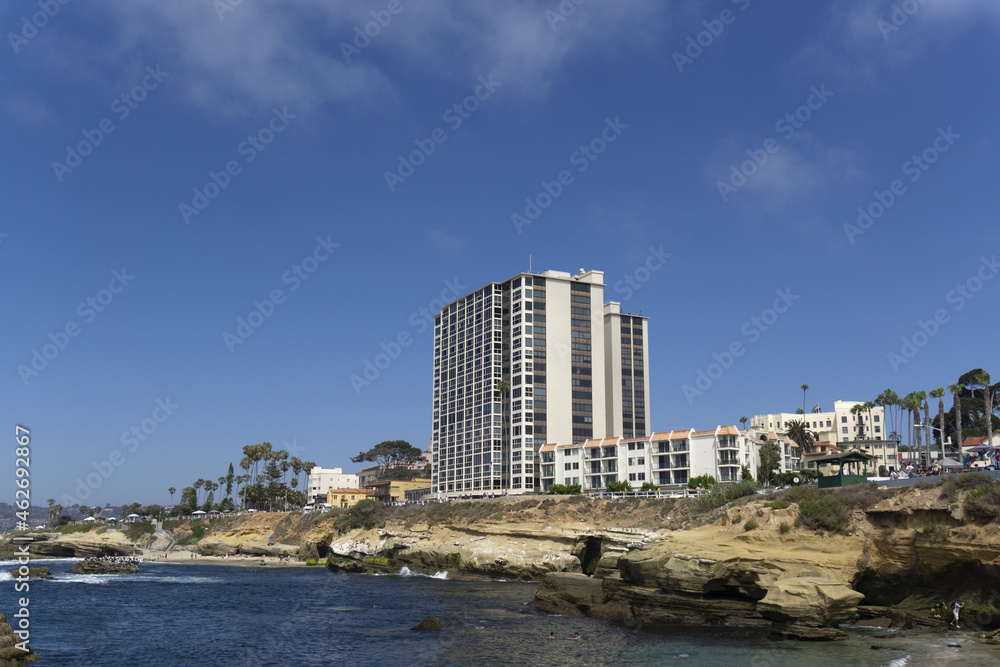 Poster View of Pacific Ocean with beach and cliff. Torrey Pines State Natural Reserve and State Park