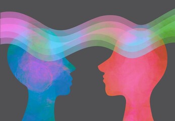 Disegno grafico concettuale telepatia, sulla stessa lunghezza d’onda. Forza della mente umana.