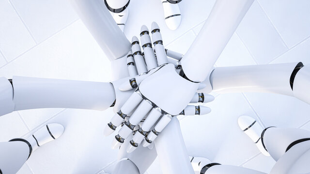 Rendering of three robots stacking hands, close-up