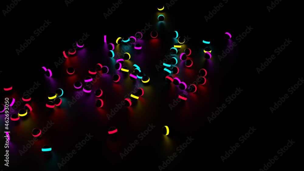 Poster many small dark balls with colorful neon stripe falling down and rolling into all the sides. design.